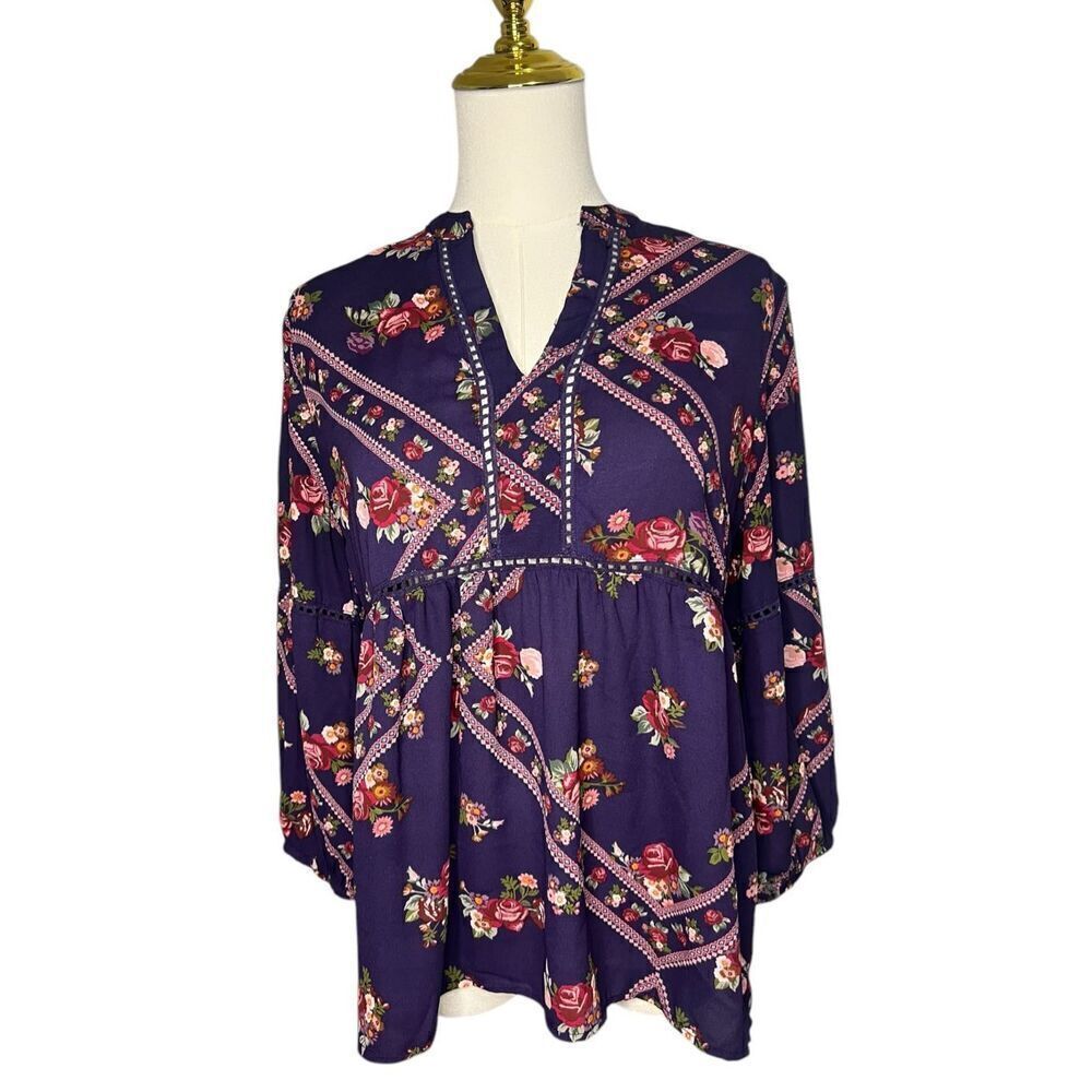 Mi Ami Women’s Small Floral Blouse Purple 3/4 Sleeves